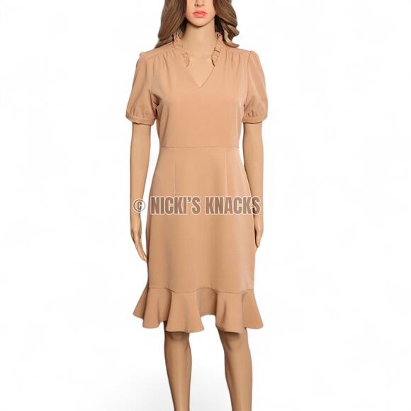 Nanette Lepore Puff Sleeve Fit & Flare Ruffle Hem Dress Beige Neutral Size 2 - Picture 2 of 12